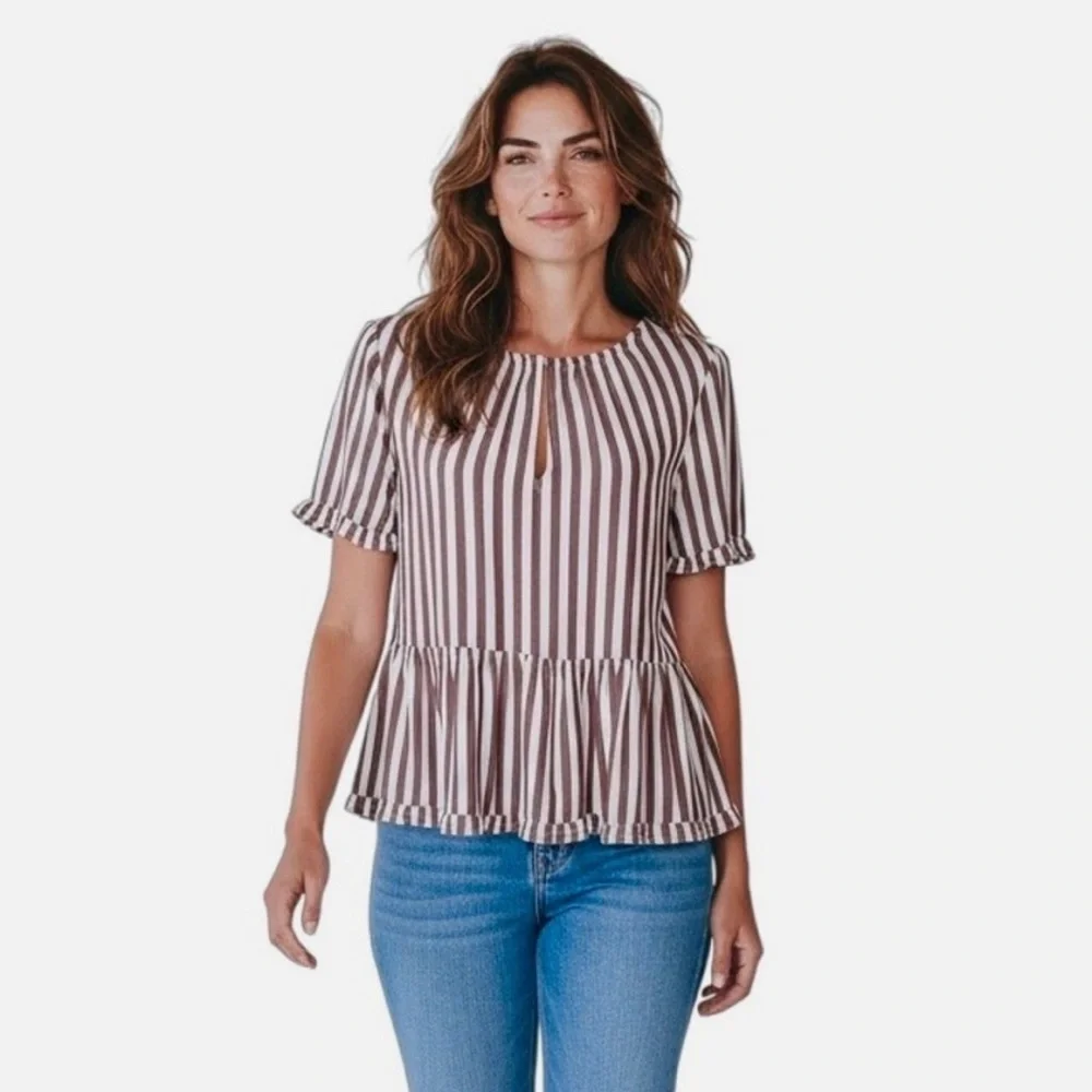 Madewell Women’s XXS White/Plum Striped Short Sleeve Peplum Blouse